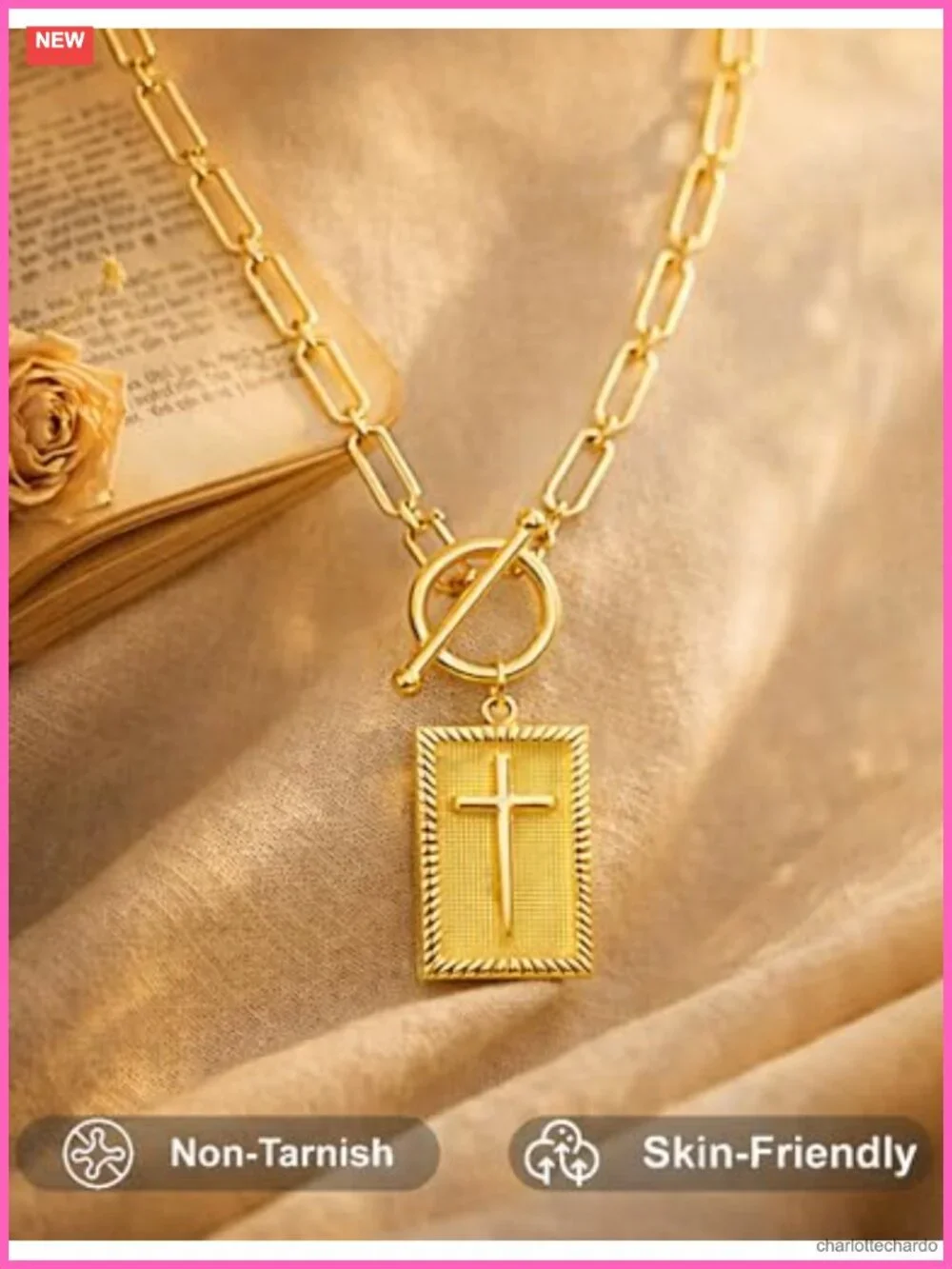 14K Gold Plated Cross Necklace Chunky Cable Chain Pendant Necklace